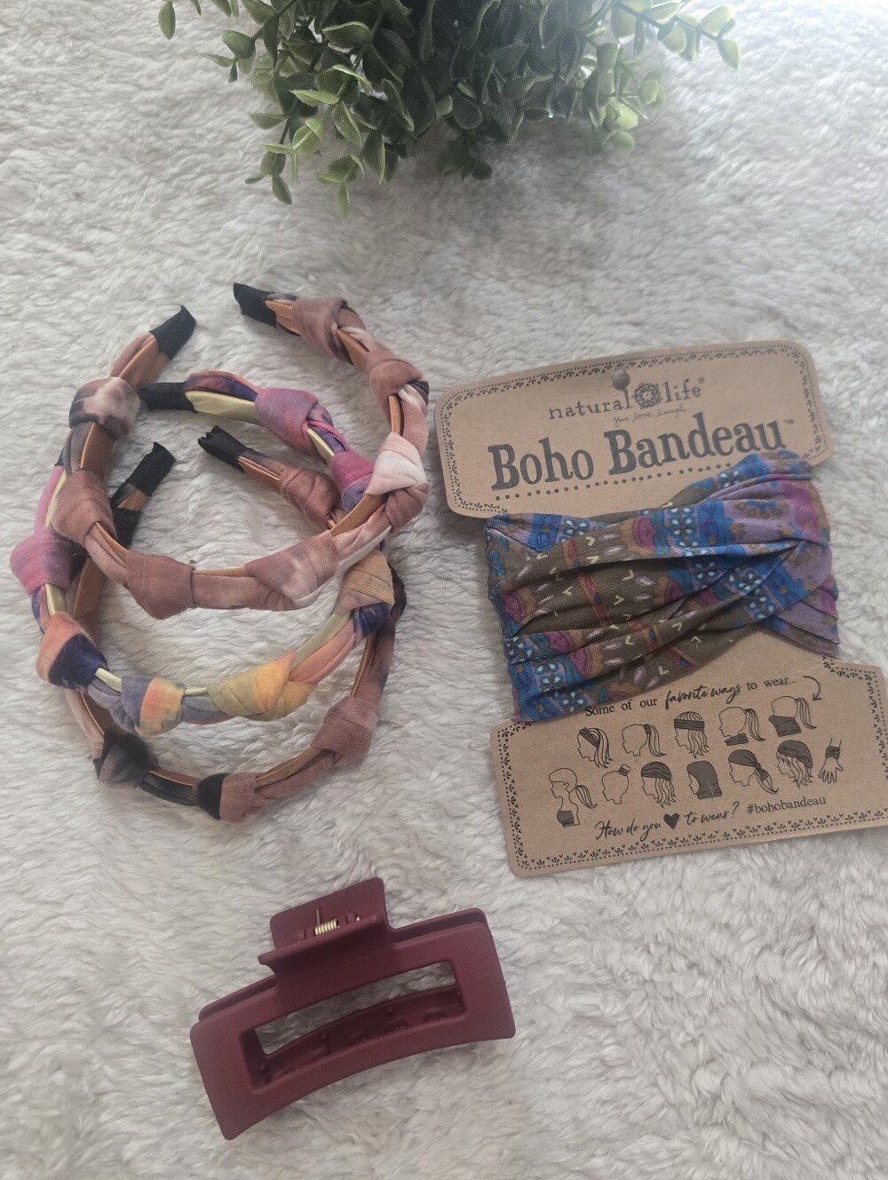 Natural Life Boho Bandeau Scarf Headband with Headbands and Hair Clip Bundle